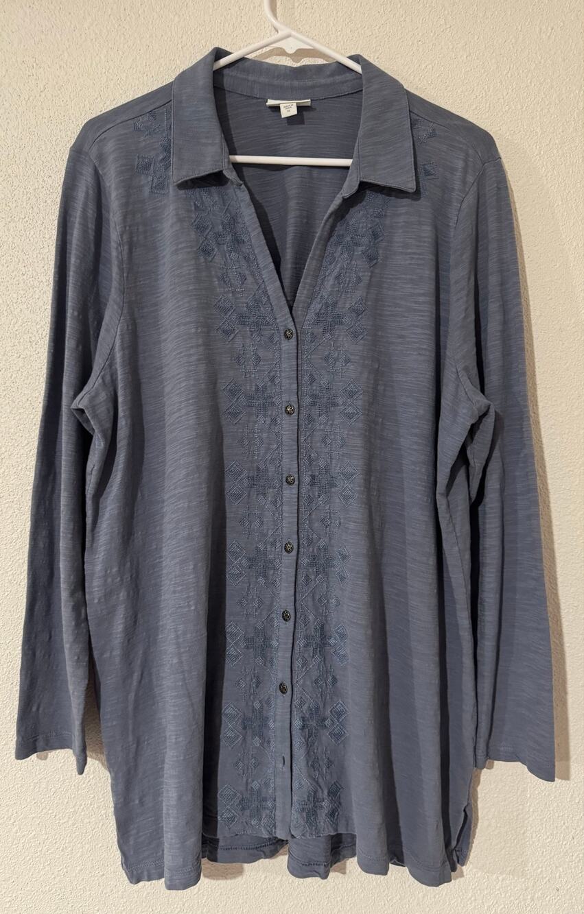 Whimsigoth Geometric Embroidered Soft Knit Shacket Cottagecore Dusty Blue Tunic